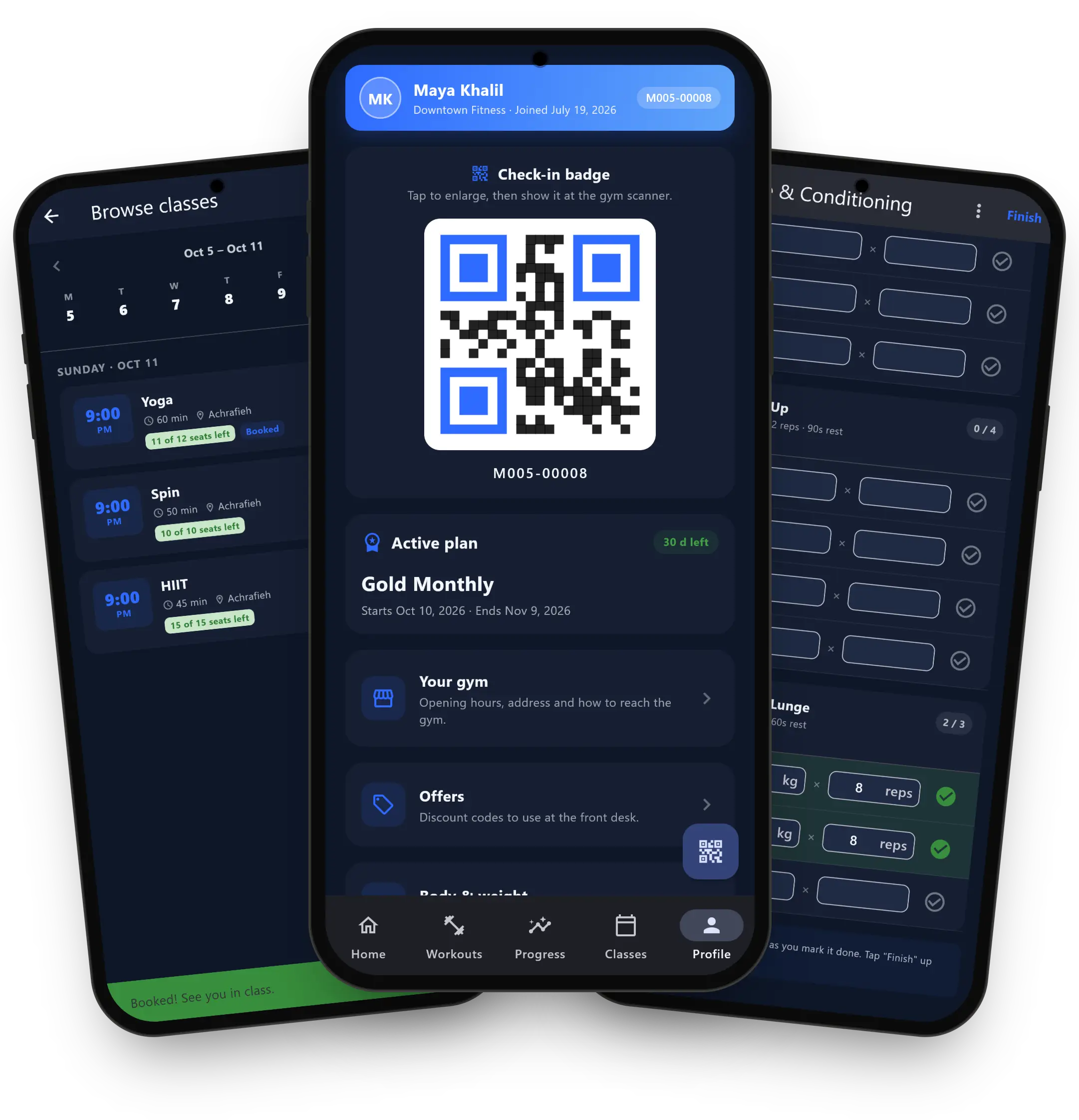 Member app: booking a class, the QR check-in badge and logging a workout