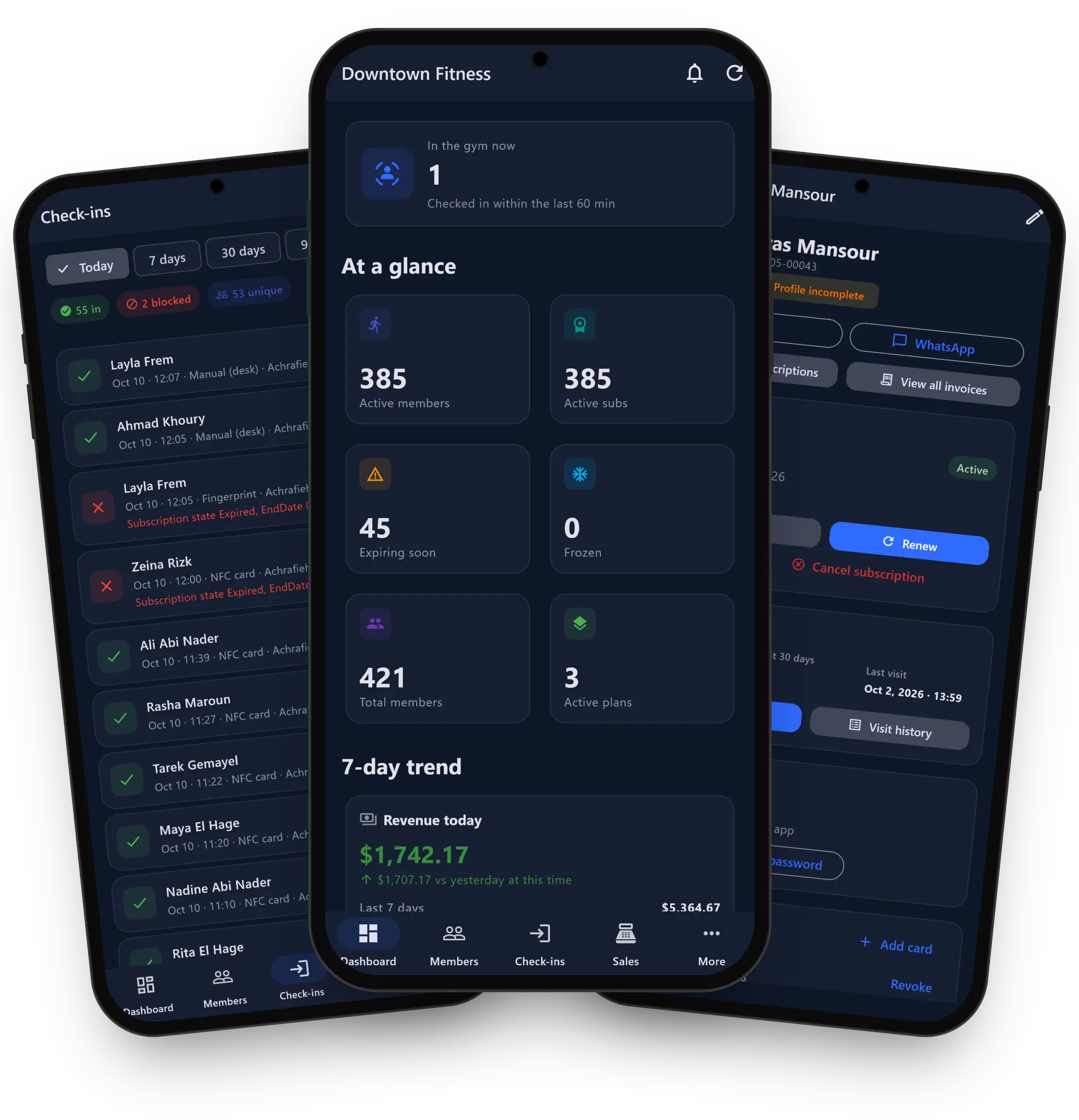 Owner app: today's check-ins, the dashboard and a member's card